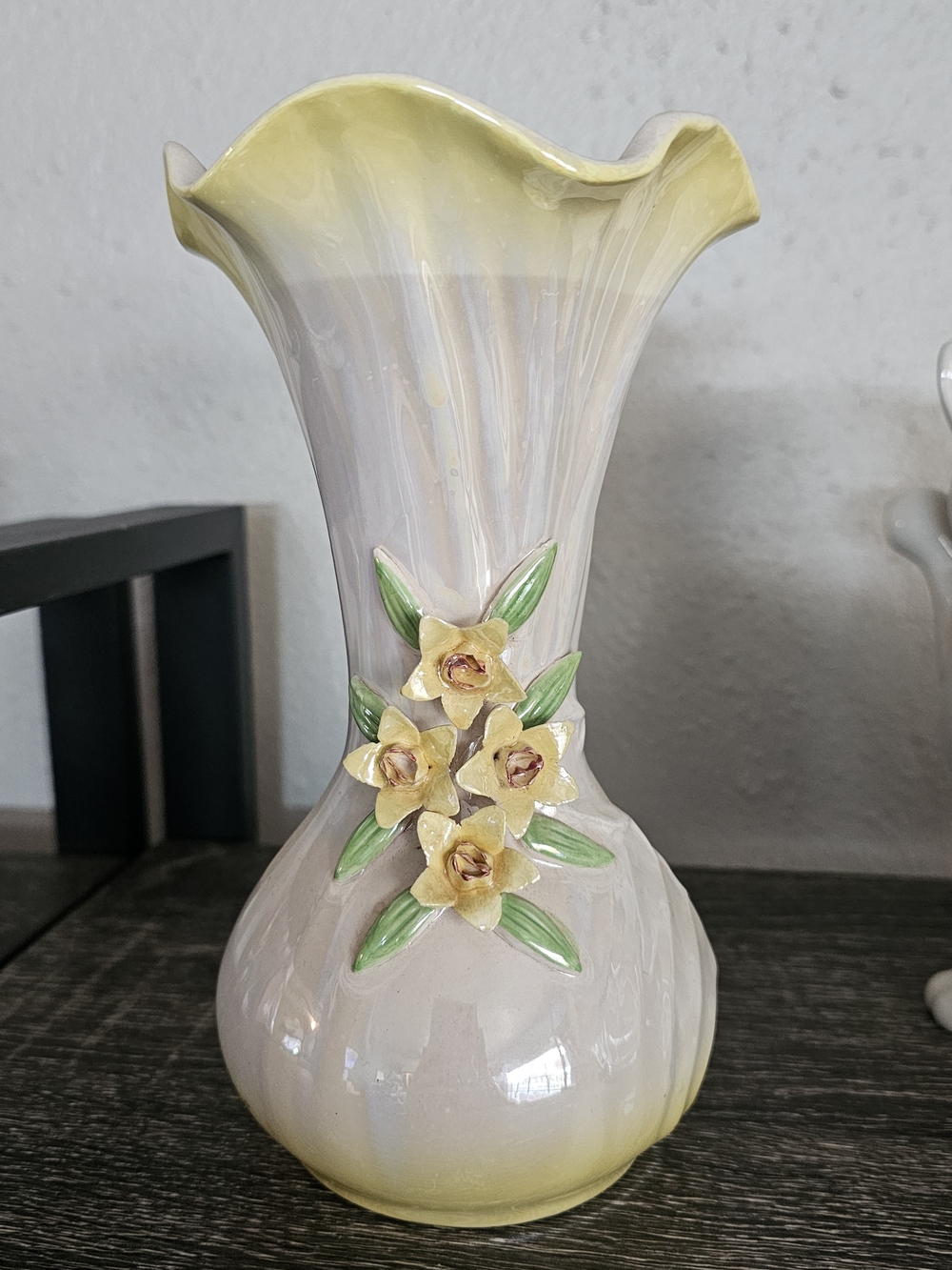 Hand-Painted Yellow Floral Ceramic Vase with Green Accents